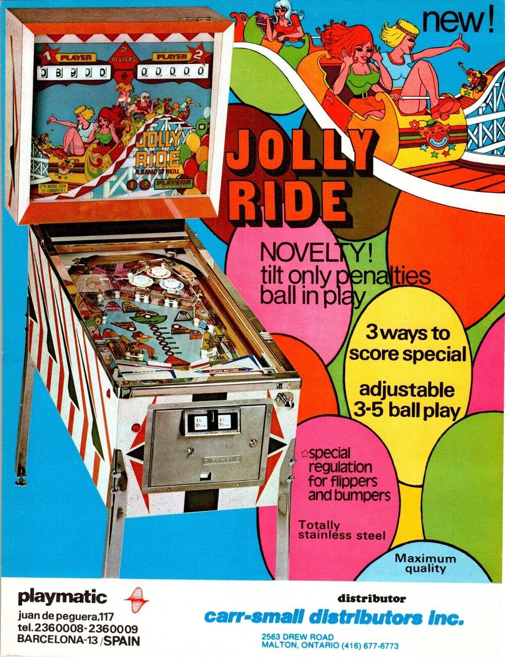 Jolly Ride Pinball Flyer Original Roller Coaster Carnival Art Playmatic